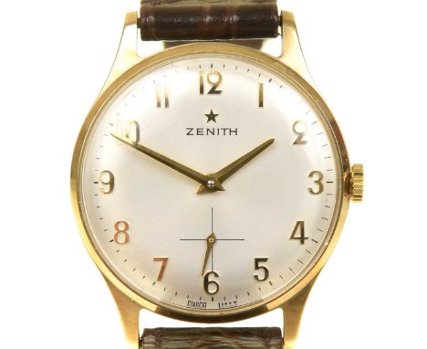 A Zenith 9ct gold manual wind wristwatchThe circular champagne dial with Arabic hourly markers and subsidiary dial to 6, with