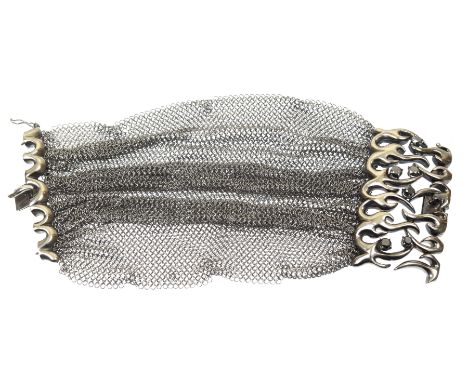 A Barberisprati black diamond braceletThe ruched mesh link bracelet with openwork scrolling clasp set with vari size brillian