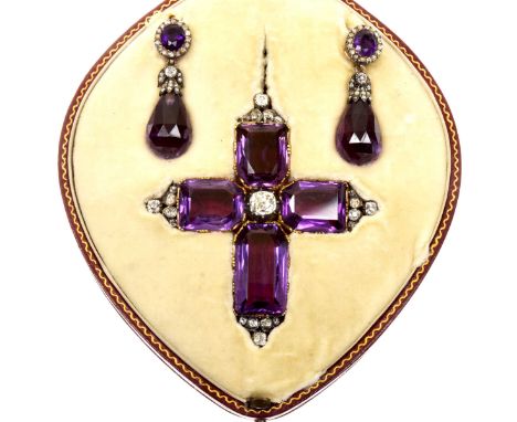 A mid Victorian amethyst and diamond suite of jewelleryComprising a cross pendant, designed as an old cut diamond with rectan