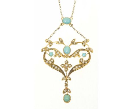 An early 20th Century turquoise and split pearl necklaceOf openwork design, the oval turquoise cabochon within a foliate spli
