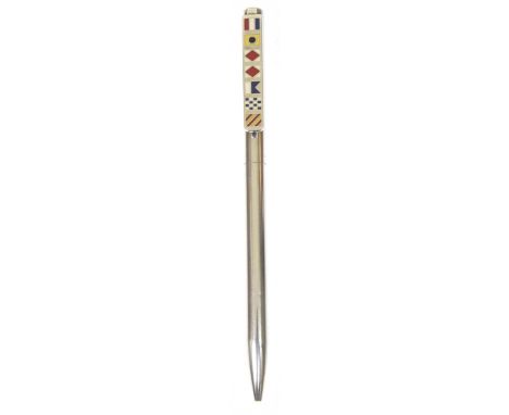 A Tiffany & Co. silver and enamel ballpoint penThe pen with vari-shade nautical flag decoration, spelling Tiffany, signed Tif