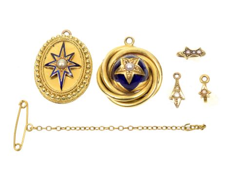 A selection of jewelleryTo include two enamel and split pearl pendants, together with three split pearl surmounts, lengths 2.
