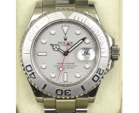 A stainless steel Rolex Yacht-Master wristwatchThe circular silvered dial with dot and baton hour markers, date aperture to 3