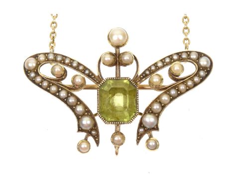 An early 20th Century peridot and split pearl pendantThe rectangular shaped peridot within a scrolling split pearl surround, 