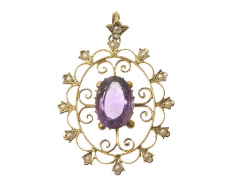 An early 20th Century amethyst and split pearl pendantThe oval shaped amethyst within an openwork oval surround with split pe