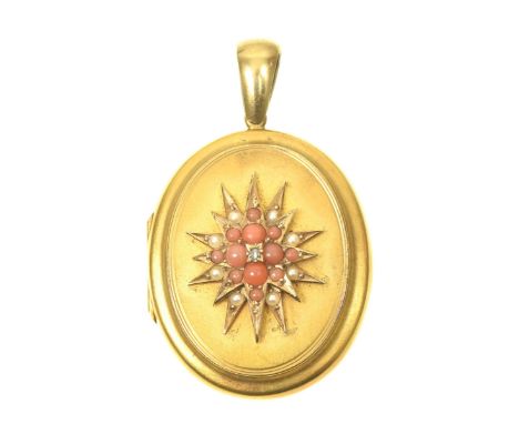 A Victorian coral diamond and split pearl locketThe oval shaped hinged locket with rose cut diamond, circular coral cabochon 