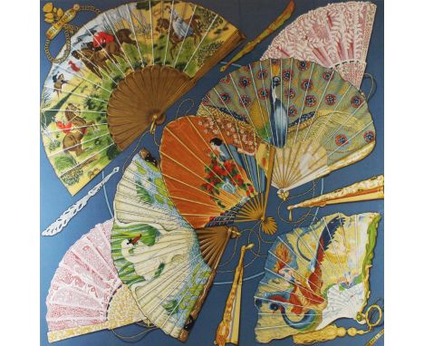 A Hermès 'Brise de Charme' silk scarfThe blue ground, with vari size open fans decorated with hunting scenes, swan, peacock a