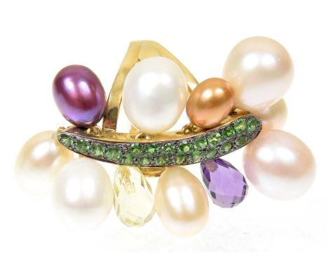 A vari gem dress ringThe circular shaped demantoid garnet line suspending a series of vari shade cultured pearl and briolette