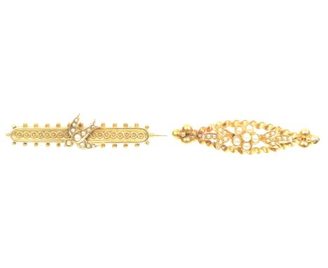Two early 20th century split pearl broochesTo include a 9ct gold split pearl bird bar brooch, together with a floral bar broo