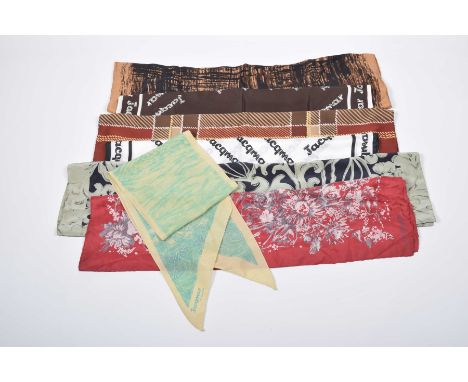 A selection of designer scarvesTo include a Jaeger scarf, with green and gold foliate pattern atop a navy blue ground, togeth
