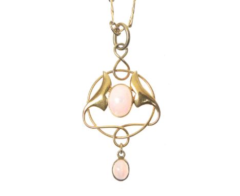 An early 20th Century Murrle Bennett & Co. opal pendantThe oval opal cabochon collet within a sinuous openwork surround, susp