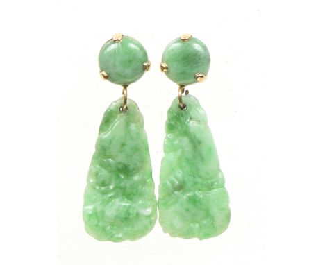 A pair of jade earringsEach designed as a jade foliate carving, suspended from a polished jade disc, length 3.5cm, weight app
