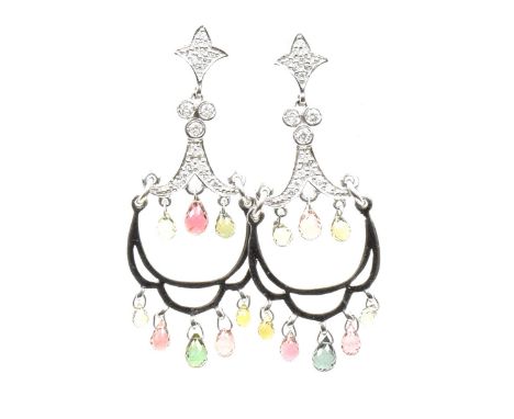 A pair of diamond and tourmaline earringsThe graduated tiers of pink and green tourmaline briolette drops, with a brilliant c