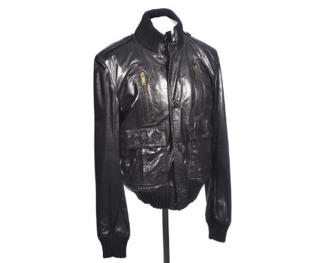 A gents Gucci leather bomber jacketThe black leather jacket with front zip and button fastened pockets, knitted cuffs and col