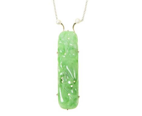 A jade and cultured pearl pendantThe carved and pierced jadeite panel depicting gourds and fauna, with a cultured pearl surmo
