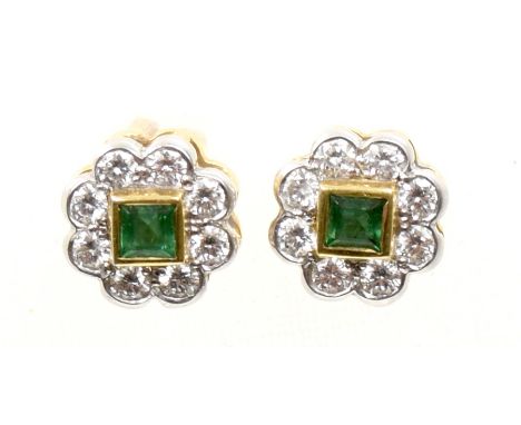 A pair of 18ct gold emerald and diamond earringsEach designed as a square shaped emerald within a brilliant cut diamond scall