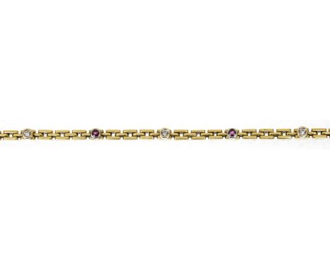 An 18ct gold ruby and diamond braceletThe brick link bracelet with brilliant cut diamond and circular shaped ruby collet acce