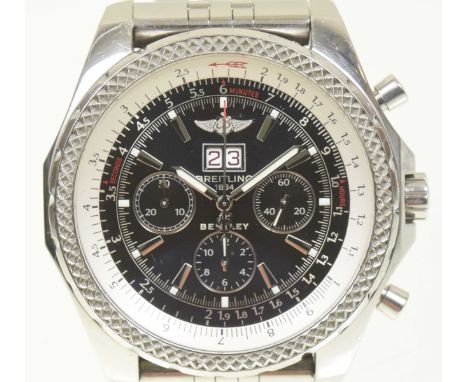 A stainless steel Breitling for Bentley Motors chronograph wristwatchThe signed dark grey dial with silver tone and luminous 