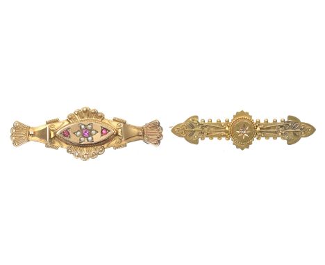 Two late 19th Century gem set broochesTo include a rose cut diamond bar brooch with a foliate scrolling motif, together with 