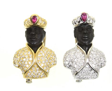 A pair of 18ct gold blackamoor broochesEach designed as a carved ebony face with a pavé set diamond robe, and a diamond and r