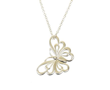 A Tiffany & Co. butterfly pendantThe openwork butterfly pendant suspended from a trace link chain, pendant signed T & Co., 92