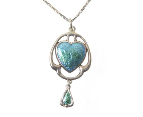 An early 20th Century Charles Horner silver and enamel pendantThe green and turquoise enamel heart within an openwork shield 