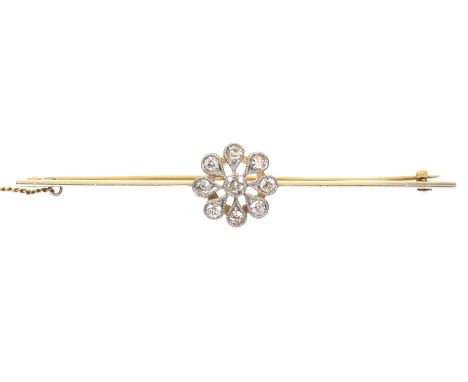 A diamond bar broochOf floral design, the old cut diamond within a vari-cut diamond openwork surround and polished bar sides,
