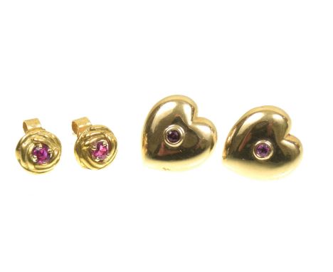 Two pairs of earringsTo include a pair of 18ct gold ruby stud earrings, together with a pair of heart earrings, lengths 0.8 a