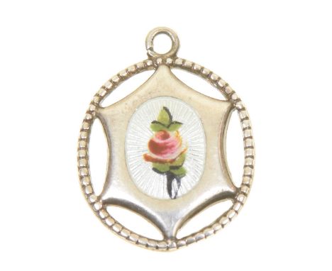 An early 20th Century Charles Horner enamel pendantThe oval enamel floral panel within a similarly shaped openwork surround, 