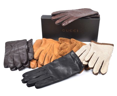 Six pairs of gents glovesTo include a pair of Gucci lizard skin and leather gloves with silk lining in makers box, together w