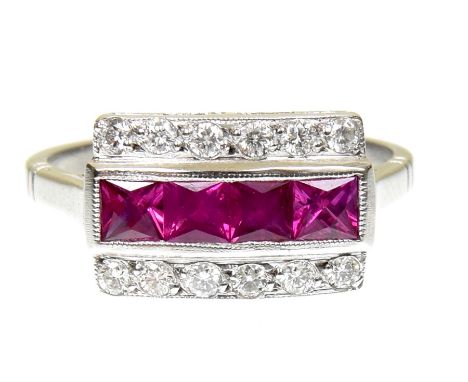 A synthetic ruby and diamond dress ringOf geometric design, the square shaped synthetic ruby line with brilliant cut diamond 