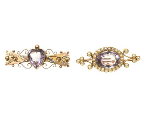 Two early 20th Century amethyst broochesTo include an amethyst and split pearl brooch, together with a heart shaped amethyst 