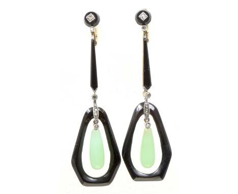 A pair of Art Deco jade diamond and onyx earrings, circa 1920Each designed as a jade drop, suspended within an openwork onyx 