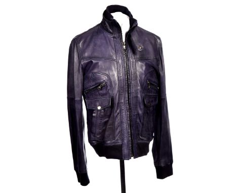 A gents Dolce & Gabbana leather bomber jacketThe blue lambskin leather jacket with front zip pockets, gathered knitted collar