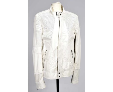 A gents Gucci leather jacketThe white leather jacket with perforated leather accents and silver-tone hardware with double zip