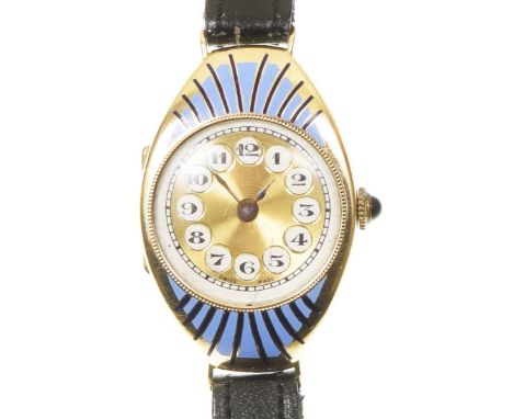 An early 20th Century 9ct gold enamel cocktail watch by Dimier Freres and Co.The circular cream and gilt dial with Arabic hou