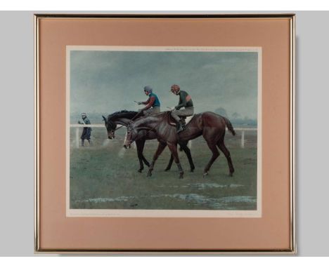 To be sold on behalf of the Injured Jockeys Fund: a limited edition horse racing print by Leesa Sandys Lumsdaine (British, 19