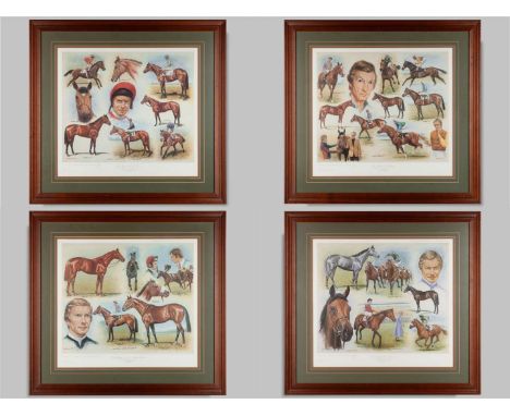 A set of four framed Lester Piggott limited edition Classic Winners prints,all signed by the artist Peter Deighan and numbere