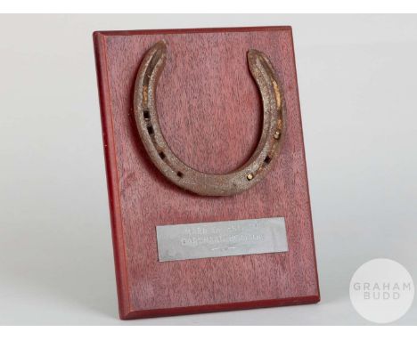 Shoe worn by the racehorse Mark of Esteem,mounted on a wooden plaque with easel support and set with an engraved metal plaque
