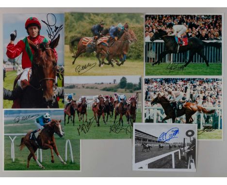 Seven signed photographs of flat race jockeys in action,the first listed b&w;, the others colour, various sizes typically 8 b