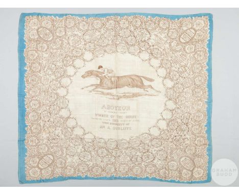 Silk commemorative lady's scarf for the 1913 Suffragette Derby at Epsom won by Mr Cunliffe's Aboyeur, with central portrait o