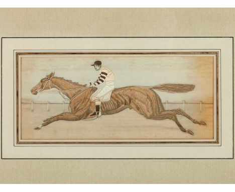 Large stevengraph of Fred Archer riding the 1881 Derby and St Leger winner Iroquois,woven silk picture by Thomas Stevens of C