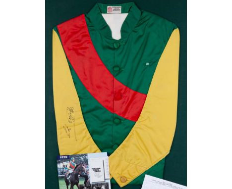 Lester Piggott signed and worn Charles W. Engelhard Jr. racing silks. 1960s, green body with red and yellow arms, signed in b