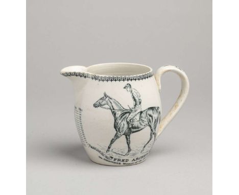 Earthenware jug commemorating the jockey Fred Archer circa 1886, black transfer printed decoration featuring Archer aboard Or