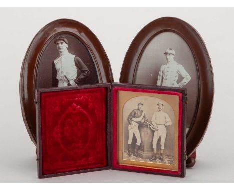 A collection of five period photographs of jockeys,comprising: a 19th century studio double-portrait of jockeys, possibly Ame