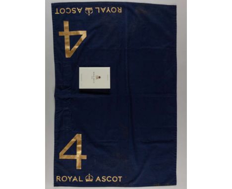 The number cloth worn by Stradivarius when winning the 2020 Gold Cup at Royal Ascot,gold lettering applied both sides, navy b