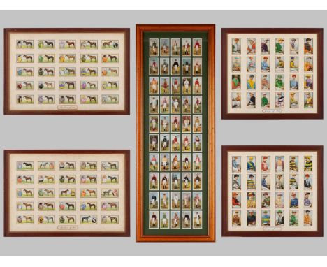 Five framed 1930s horse racing cigarette card displays,the largest (85 by 31cm.) with a 50/50 set of Ogden's Jockeys 1930; th