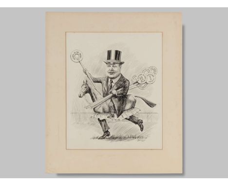 Horse Racing and Politics: a pen &amp; ink caricature of Lord Derby by G. Longmire dated 1924,signed by the artist &amp; date