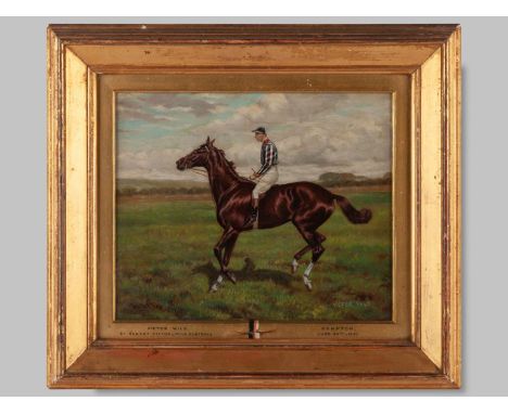 An oil painting by Alfred Charles Havell (British, 1855-1928) of Victor Wild with Mornington Cannon up, winners of the Corona