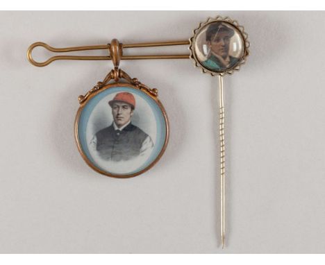 Rolled gold brooch containing two prints of the jockey Fred Archer,can be worn either side, the first print depicting Archer 